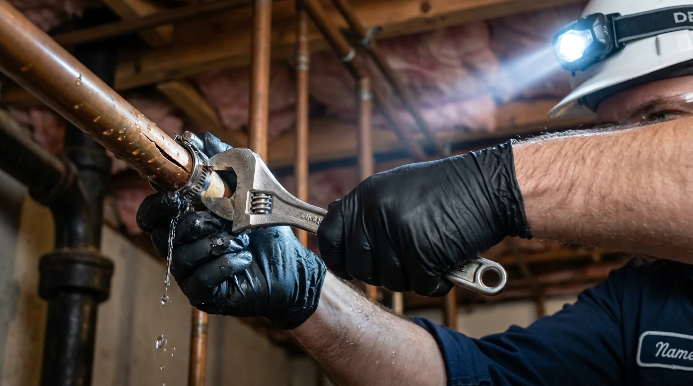 Emergency pipe clamp repair being performed by a Johns Plumbing LLC plumber in Clarksburg