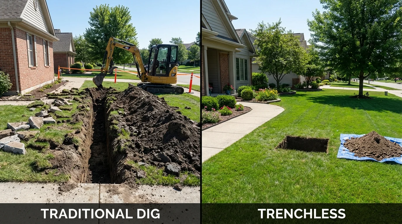 Trenchless sewer repair with minimal yard damage versus traditional excavation in Clarksburg, WV